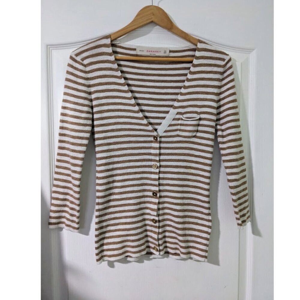 Zara | Tan stripe gold button cardigan